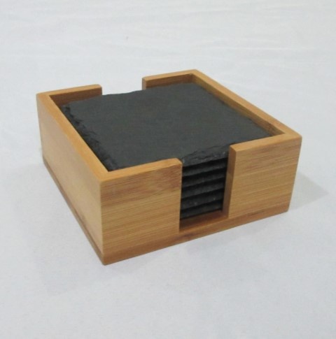 Slate coasters with bamboo holder 4PK