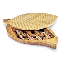 Leaf-shaped natural Color Eco Friendly Organic Bamboo Cheese Board With Knife Set